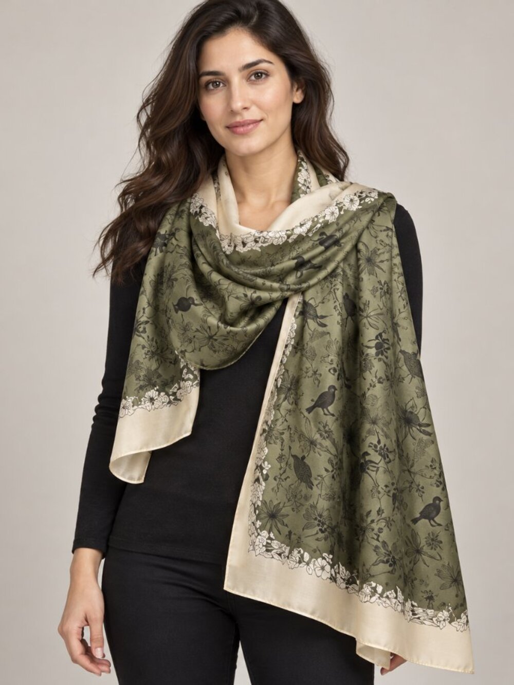 Louis Vuitton Cream and Olive Green Floral Panel Scarf